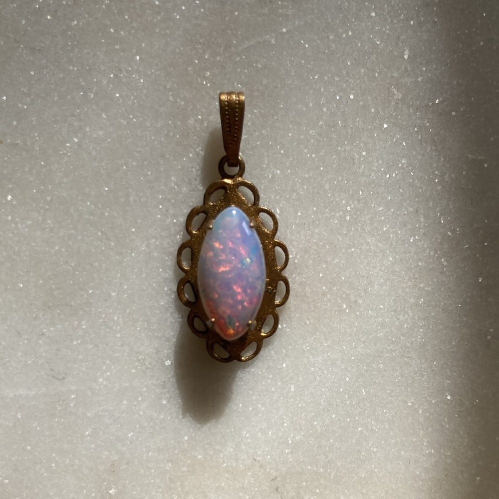 Vintage Brass Tone Pendant With Iridescent Stone